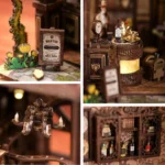 Close-up details of the Alchemy Master book nook, highlighting miniature wanted posters, potion bottles, vintage desk accessories, chandelier, wooden shelves and handcrafted magical workshop decorations.