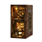 Serenity Coffee House book nook front and side display, featuring a miniature café interior with warm LED illumination, wooden exterior design, detailed decorations and cozy bookshelf aesthetics.