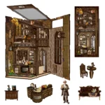Serenity Coffee House book nook interior structure display, showing the miniature coffee shop layout, wooden components, furniture pieces and handcrafted decorative details before final assembly.