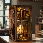 Serenity Coffee House book nook displayed in a modern home setting, featuring a miniature coffee house scene with warm LED lights, wooden textures and intricate handcrafted details.