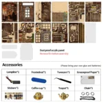 Parts and accessories overview of the Serenity Coffee House book nook, featuring wooden components, acrylic panels, stickers, lamp wire, tweezers, coffee cup, teapot and chain decorations for DIY assembly.