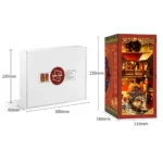 Tang Dynasty Book Nook DIY Kit size dimensions showing miniature Chinese palace model measurements, package box and finished LED book nook display