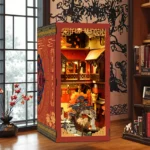 Tang Dynasty Book Nook DIY Kit displayed in a Chinese style home interior with warm LED lights, miniature ancient architecture and bookshelf decor