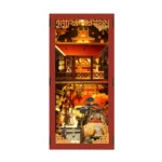 Tang Dynasty Book Nook DIY Kit front view with Chinese palace scene, glowing LED lights and traditional miniature courtyard