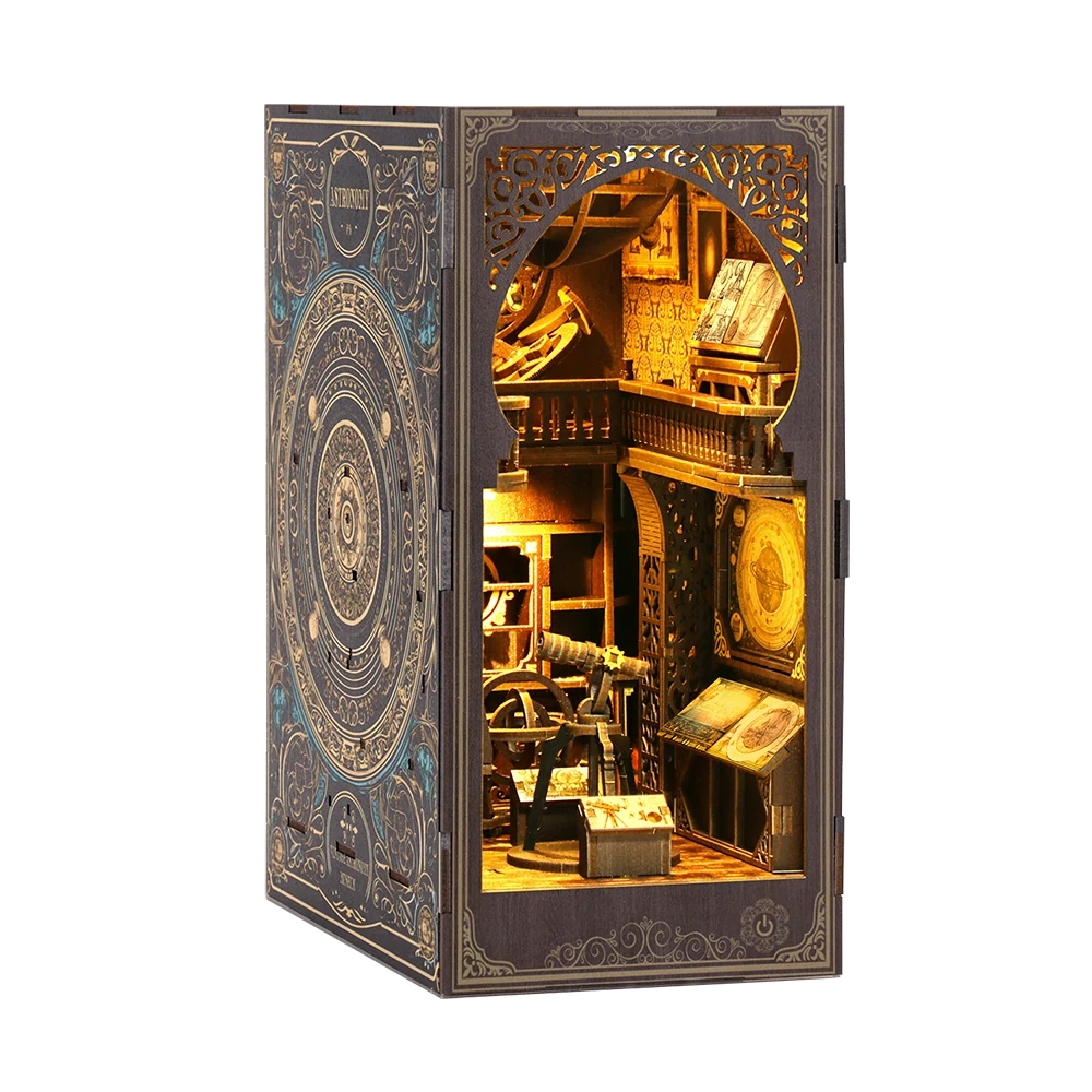 Illuminated front view of the Astronomy Museum book nook, featuring celestial charts, astronomical instruments, display panels, a telescope and intricate museum-style details.