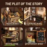 Detailed view of the coffee shop DIY miniature featuring a work counter, coffee equipment area, dining table, menu boards, promotional display, and a decorative cat figure.