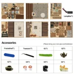 Contents of the coffee shop DIY miniature kit with precut wooden panels, lighting wire, frosted rod, tweezers, artificial moss, teapot, coffee cup, latte cups, coffee machine, and cat figure.