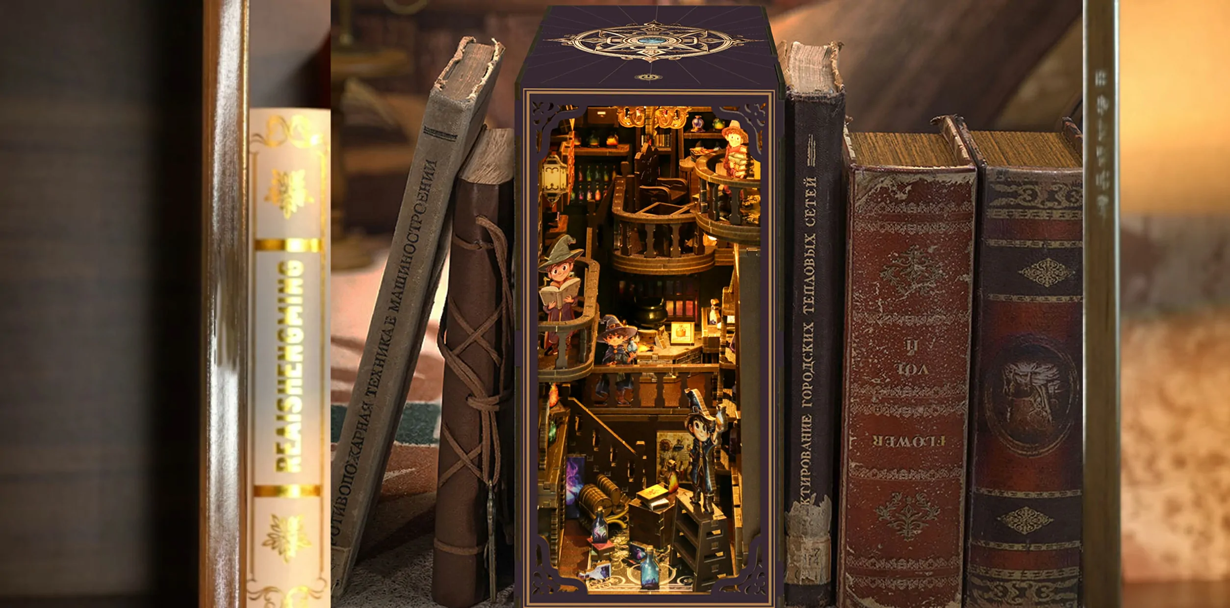 Illuminated Harry Potter-inspired magical bookshop book nook displayed between vintage books, featuring miniature wizards, potion bottles, shelves, and warm interior lighting.