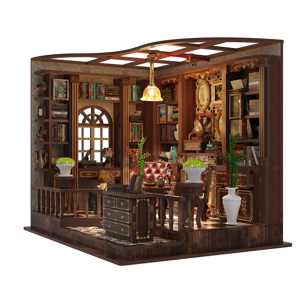 Side-angle view of the Left Bank Reading Room book nook, featuring tall bookshelves, a glowing pendant light, an arched window, leather seating, plants and detailed wooden furniture.