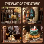 Detailed view of the Alchemy Master DIY book nook featuring magical books, a stained-glass window, a miniature lounge chair, potion bottles, and a bubbling cauldron.