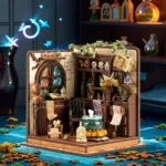 Completed Magic Potion Workshop DIY miniature displayed in a creative alchemy studio setting, featuring a bubbling cauldron, potion bottles, stained-glass window, magical books, and workshop details.