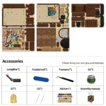 Contents of the Alchemy Master DIY book nook kit with precut wooden panels, lighting wire, frosted rod, tweezers, cauldron, birdcage, stickers, and assembly manual.