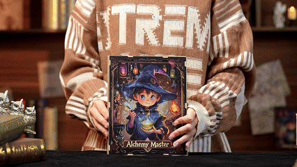 Animated view of a Harry Potter-inspired book nook showing the DIY assembly process, miniature magical details, and the completed illuminated model.