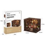Left Bank Study DIY miniature kit shown with its packaging and completed model, measuring 21.2 × 16.2 × 17.2 cm.