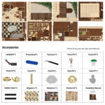 Contents of the vintage library DIY book nook kit with precut wooden panels, lighting wire, frosted rod, tweezers, miniature plants, tea set, decorative parts, stickers, and assembly manual.