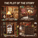 Detailed view of a vintage library DIY miniature featuring warm LED lights, leather lounge chairs, tall bookshelves, a fireplace, tea table, and decorative filing cabinet.