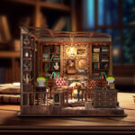 Illuminated front view of the completed Left Bank Study DIY miniature featuring a glowing fireplace, tall bookshelves, leather chairs, framed artwork, plants, a tea table, and a hanging lamp.