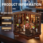 Left Bank Study DIY miniature kit with a completed size of 21.2 × 16.2 × 17.2 cm, 248 wooden pieces, an estimated assembly time of 3 to 4 hours, and a recommended age of 14 or above.