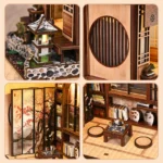 Interior details of the Zen Moss Lantern DIY kit, featuring a Japanese lantern, wooden door, floral room divider, bookshelves, tea table, and miniature cushions.