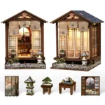 Zen Moss Lantern DIY kit featuring a Japanese house, Zen garden, stone lantern, bonsai, tea table, floral screen, and miniature shelving unit.