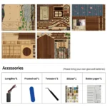 Contents of the Zen Mooslaterne DIY kit: pre-cut wooden panels, lighting cable, frosted rod, tweezers, stickers, and decorative paper.