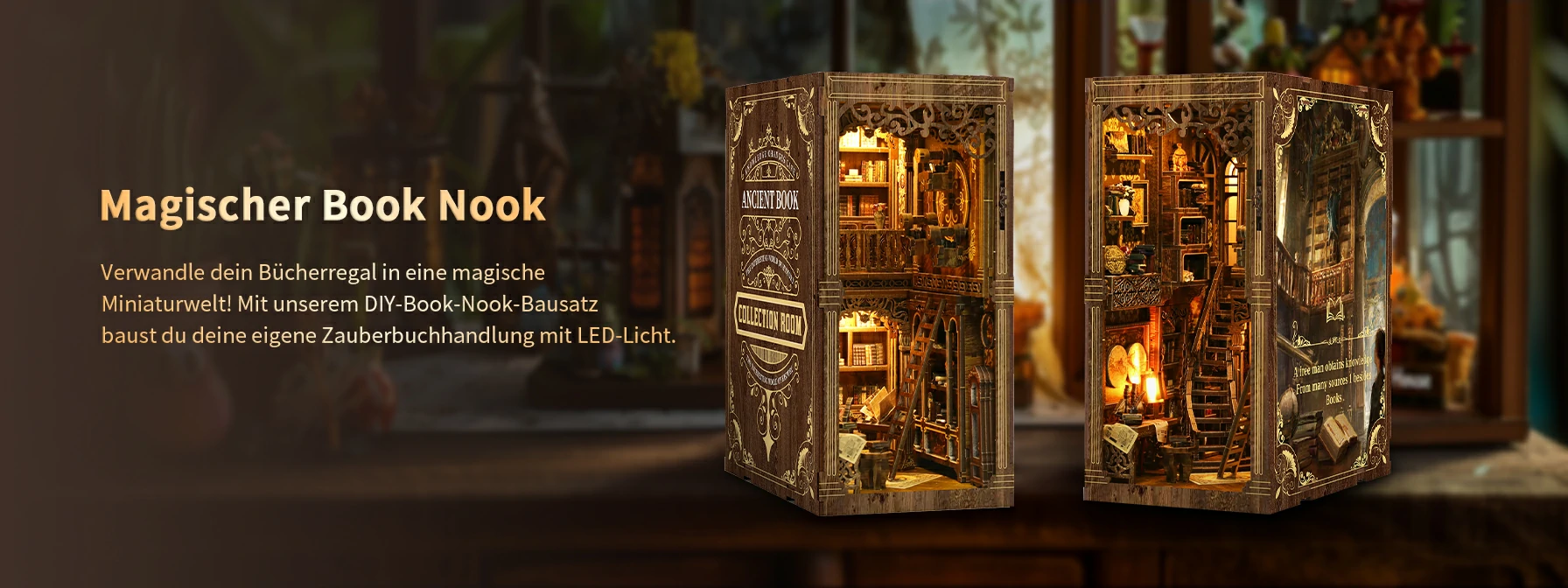 Banner for the illuminated "Ancient Book Collection Room" DIY book nook, featuring a miniature library, stairs, shelving, antique books, and decorative panels.