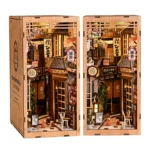 Front and side views of the illuminated "Japanese Alley with Cat" DIY kit, featuring a Japanese alley, miniature shops, lanterns, plants, and decorative cats.