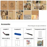 Contents of the "Japanese Alley with Cat" DIY kit: pre-cut wooden panels, lighting cable, tweezers, acrylic pieces, stickers, and assembly accessories.