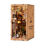 Illuminated side view of the "Japanese Alley with Cat" DIY kit, featuring a miniature Japanese alley, a lantern, shops, plants, and decorative cats.