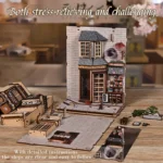 Assembly process for the "Japanese Alley with Cat" DIY kit, featuring panels, miniature parts, and detailed instructions to complete the Japanese street scene.