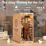 DIY "Japanese Alley with Cat" kit measuring 23 × 18 × 11 cm, featuring 280 pieces, an estimated assembly time of 6 to 8 hours, and a recommended age of 14 years and up.
