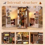 Interior structure of the "Japanese Alley with Cat" DIY kit, featuring a Japanese alley, miniature shops, lanterns, parasols, plants, and decorative cats.