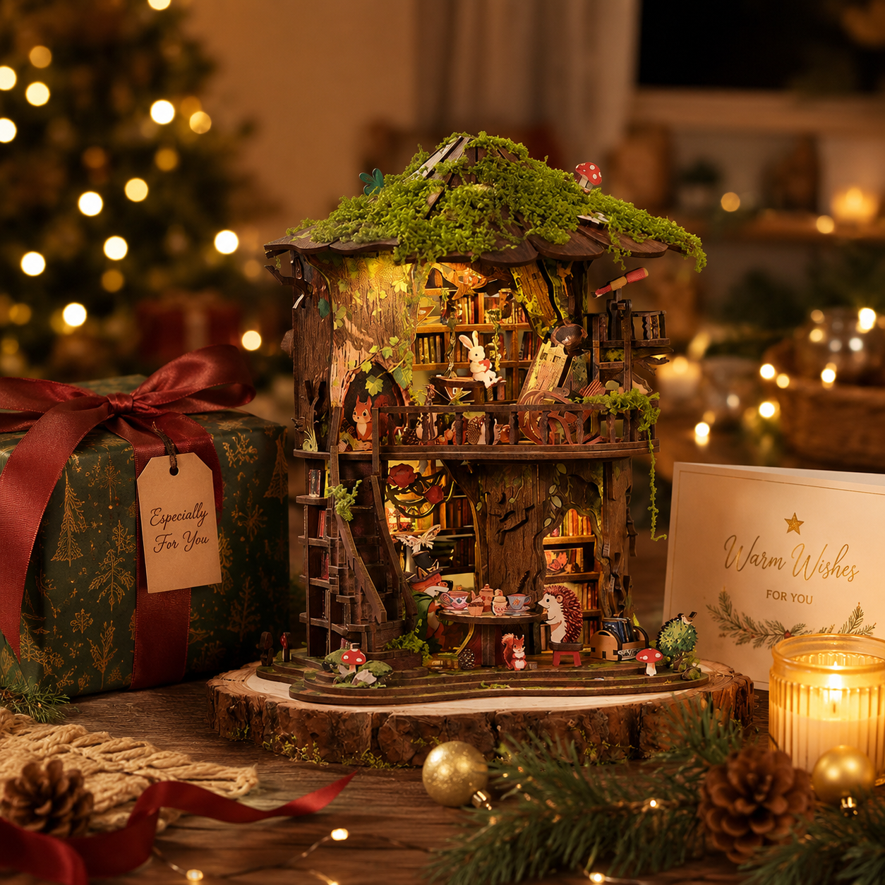 Fantasy tree house library book nook kit featuring miniature bookshelves, woodland decorations, tiny characters, and warm LED lights for a magical bookshelf display